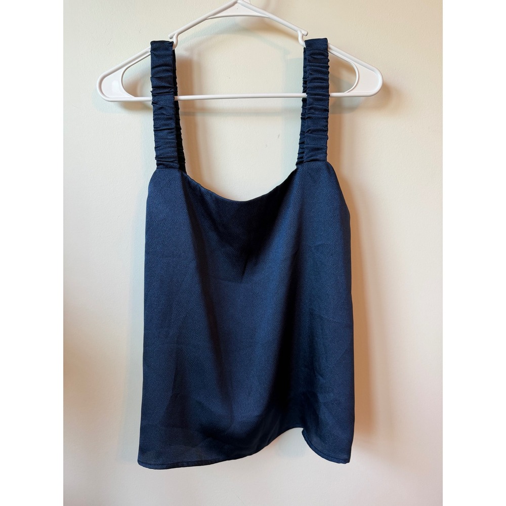 Tyche Navy Blue Ruched Strap Camisole Top Textured Sleeveless Blouse Medium USA